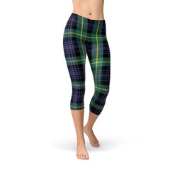 Womens Green and Blue Tartan Capri Leggings