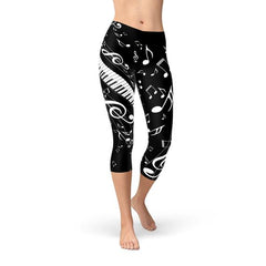 Womens Piano Notes Black Capri Leggings