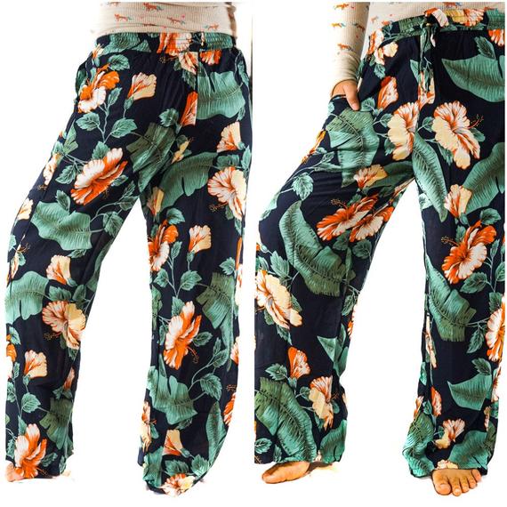 XS-M Leaf Print Pants Women Boho Pants Hippie