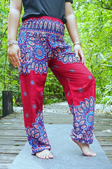 Burgundy FLORAL MANDALA Women Boho Pants Hippie Pants Yoga