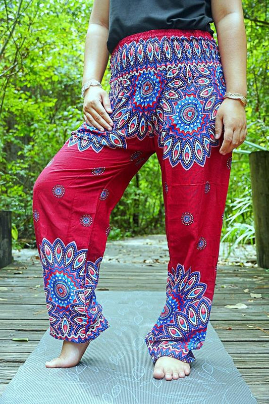 Burgundy FLORAL MANDALA Women Boho Pants Hippie Pants Yoga