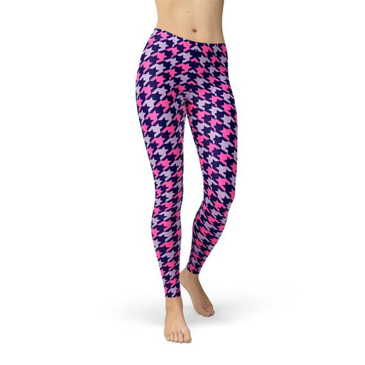 Womens Pink Purple Houndstooth Leggings