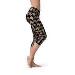 Womens Beige Brown Houndstooth Capri Leggings