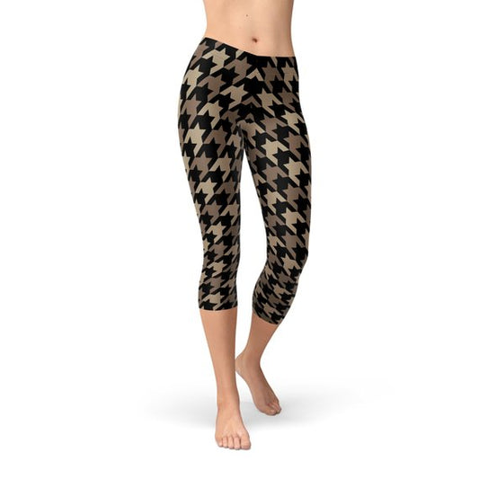 Womens Beige Brown Houndstooth Capri Leggings