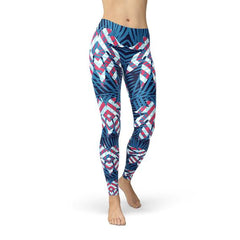 Blue Tropical Leaf Leggings for Women