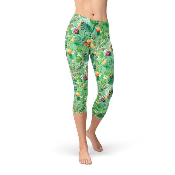 Womens Green Cactus Capri Leggings