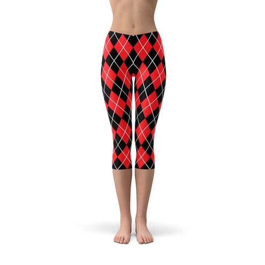 Womens Red Argyle Capri Leggings - Harley Quinn