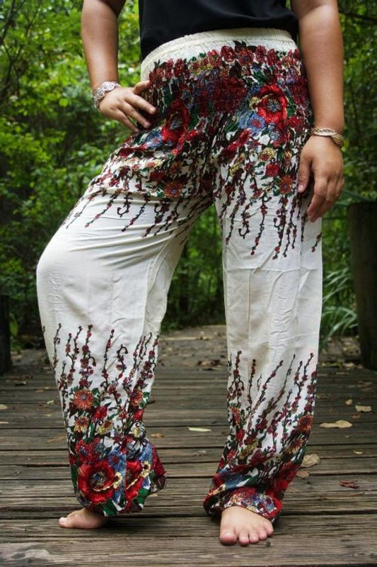 White FLORAL Women Boho Pants Hippie Pants Yoga Pants