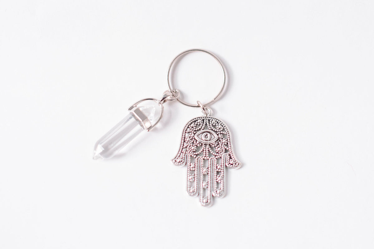 Hamsa & Clear Quartz Key chain/Key ring