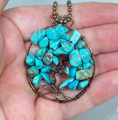 Wire Wrapped Tree of Life Pendant with Imitation Turquoise Gemstones