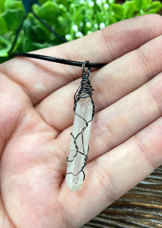 Wire Wrapped Clear Quartz Crystal Gemstone Pendant, Cage Wrap