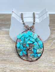 Wire Wrapped Tree of Life Pendant with Imitation Turquoise Gemstones