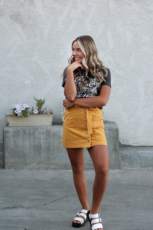 Coconut button Solid Woven Skirt With Belt in Mustard