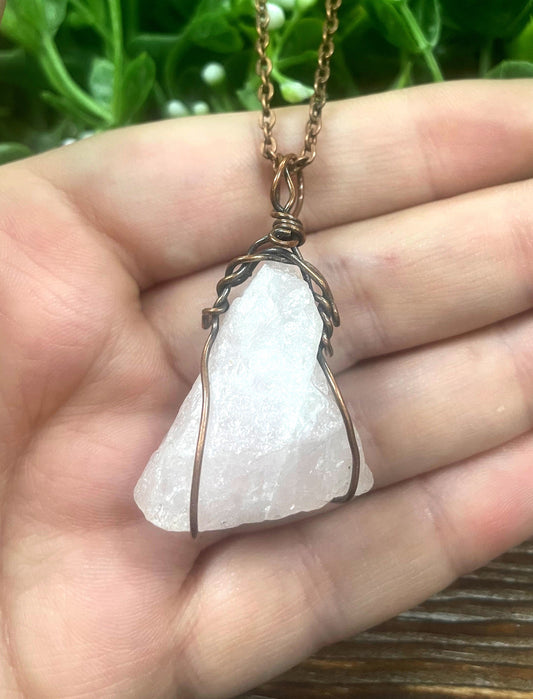 Wire Wrapped Rough Rose Quartz Gemstone Pendant