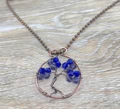 Mini Wire Wrapped Tree of Life Pendant with Glass Crystals