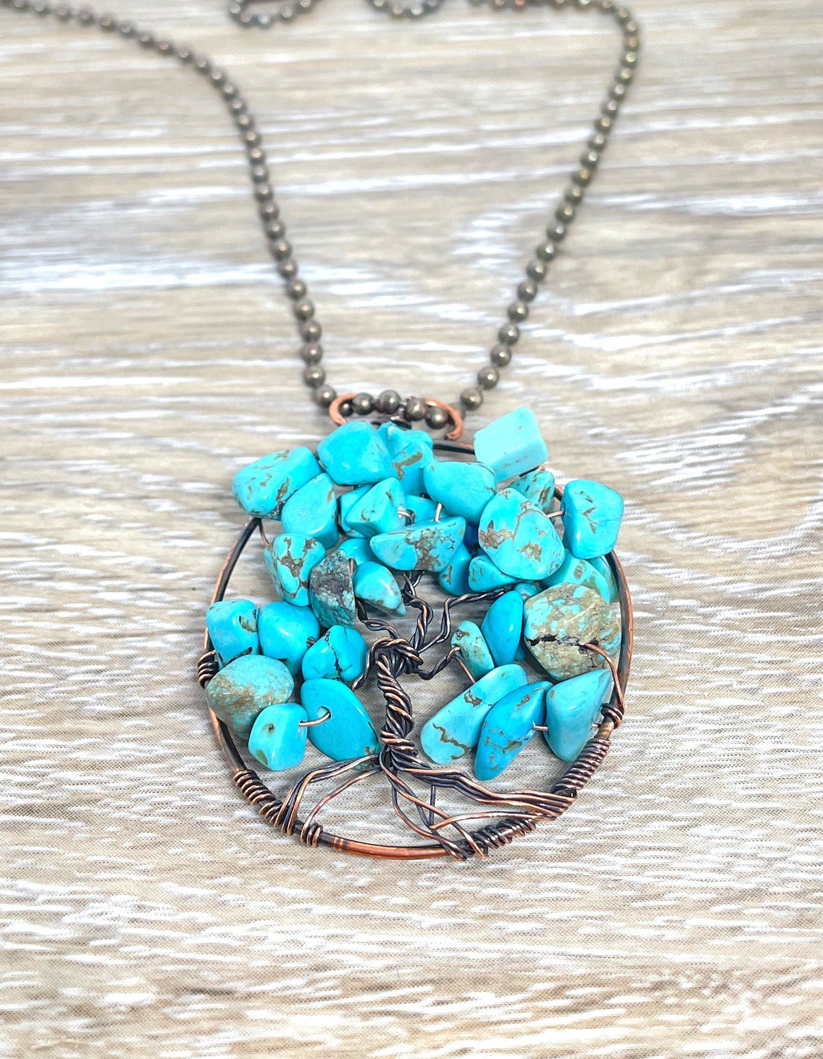 Wire Wrapped Tree of Life Pendant with Imitation Turquoise Gemstones