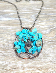 Wire Wrapped Tree of Life Pendant with Imitation Turquoise Gemstones