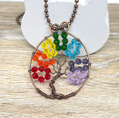 Wire Wrapped Rainbow Tree of Life Pendant with Glass Crystals