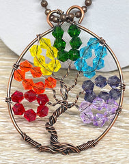 Wire Wrapped Rainbow Tree of Life Pendant with Glass Crystals