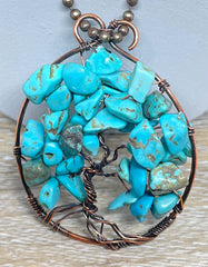 Wire Wrapped Tree of Life Pendant with Imitation Turquoise Gemstones