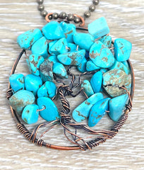 Wire Wrapped Tree of Life Pendant with Imitation Turquoise Gemstones