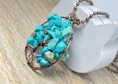 Wire Wrapped Tree of Life Pendant with Imitation Turquoise Gemstones