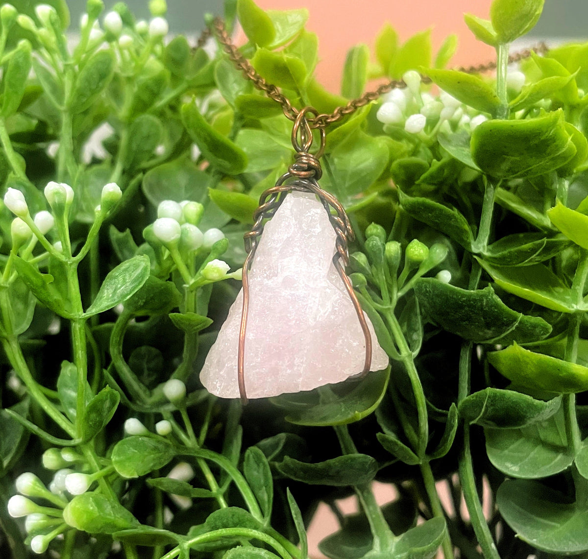 Wire Wrapped Rough Rose Quartz Gemstone Pendant