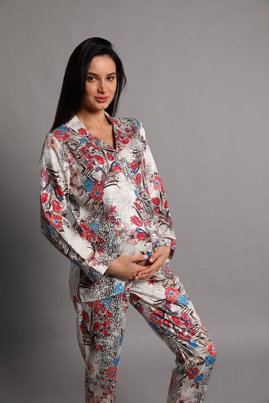 Shopymommy 5248 Jasminlong Front Button Maternity & Nursing Pajamas