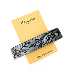 Silver Juniper Branches Leather Hair Barrette