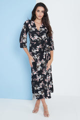 Midi Wrap Dress in Black Floral Print