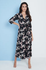 Midi Wrap Dress in Black Floral Print