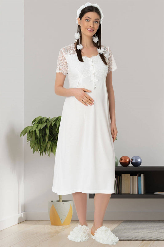 Shopymommy 5439 Lace Sleeve Maternity & Nursing Night Gown With