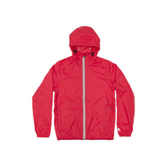 Red full zip packable rain jacket and windbreaker