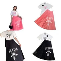 Chic Women's Two Pieces Design T-shirt & Pleated Silky Skirt