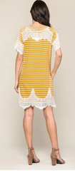 Striped Round Neck Lace Detail Mustard Dress