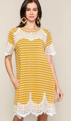 Striped Round Neck Lace Detail Mustard Dress