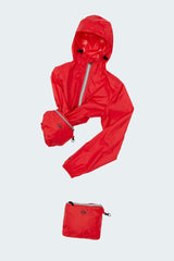 Women's red full zip packable rain jacket and windbreaker