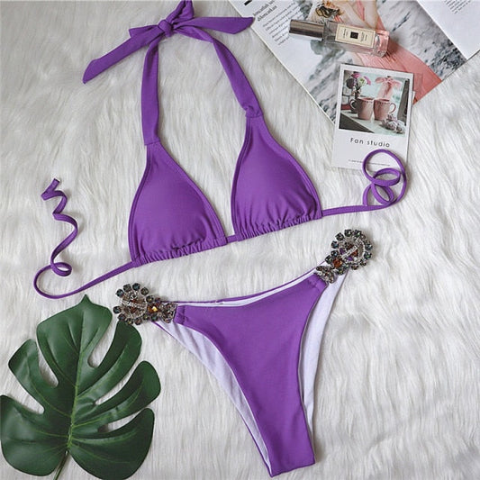 Diamond bikini Sexy push up halter swimsuit female crystal swimwear