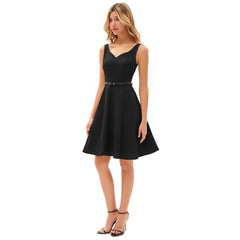 Grace Karin Women V-Neck Dress With Belt Sleeveless U-Back Flared