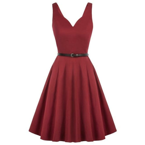 Grace Karin Women V-Neck Dress With Belt Sleeveless U-Back Flared