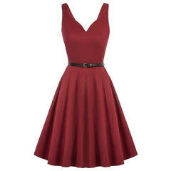 Grace Karin Women V-Neck Dress With Belt Sleeveless U-Back Flared