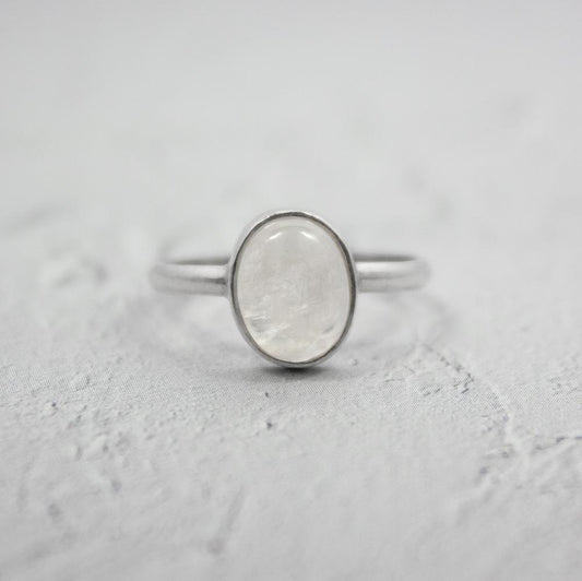 Rainbow Moonstone Open Bezel Sterling Silver Ring