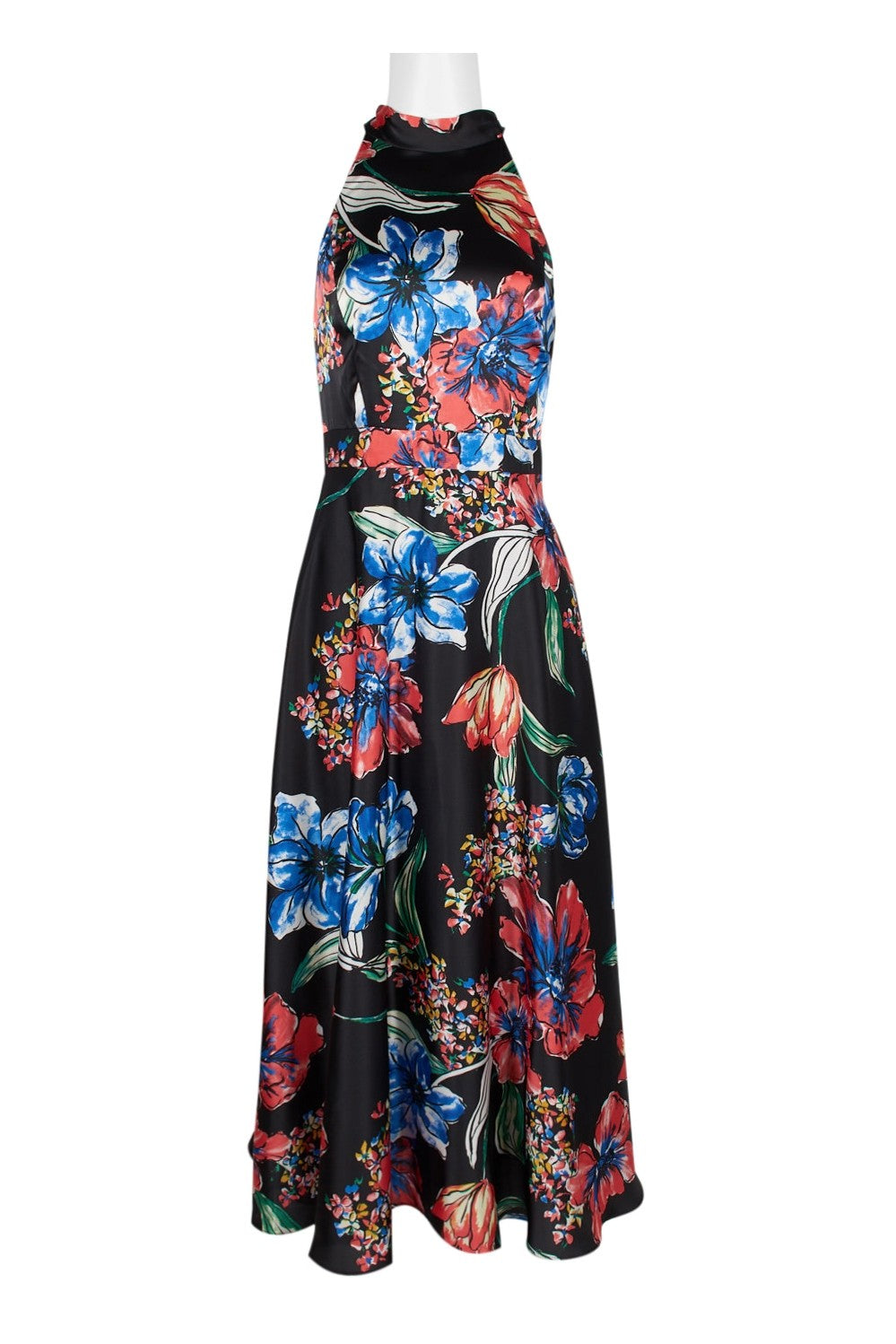 Tahari ASL Halter Neck Tie Back Flutter Floral Print Satin Dress