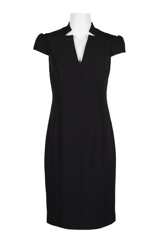 Tahari ASL V-Neck Cap Sleeve Bodycon Zipper Back Solid Crepe Dress