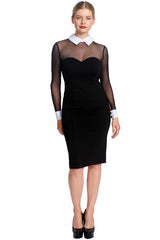 Tuxedo Illusion Dress - Midi dress with mesh sleeves, & contrast