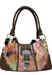 Texas Leather 500411FLBR Floral Print with Tooled Trim Handbag, Br