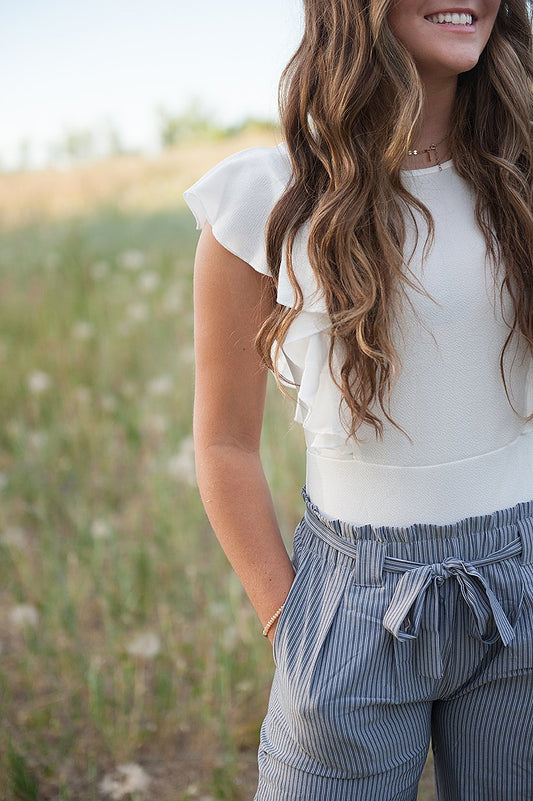 DT Izzy Belted Striped Palazzo pants - grey and white